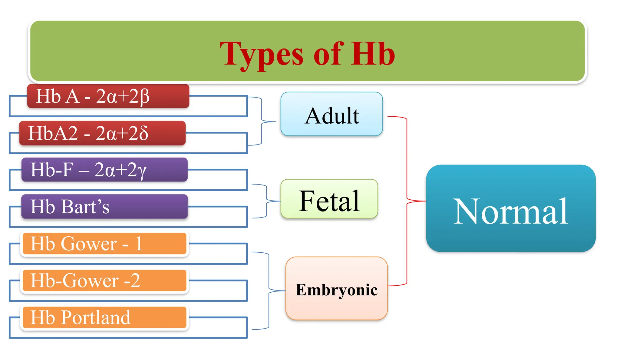 Hb A - 2α+2β
HbA2 - 2α+2δ
Hb-F – 2α+2γ
Hb Bart’s
Hb Gower - 1
Hb-Gower -2
Hb Portland
Types of Hb
Adult
Fetal
Embryonic
Normal
 