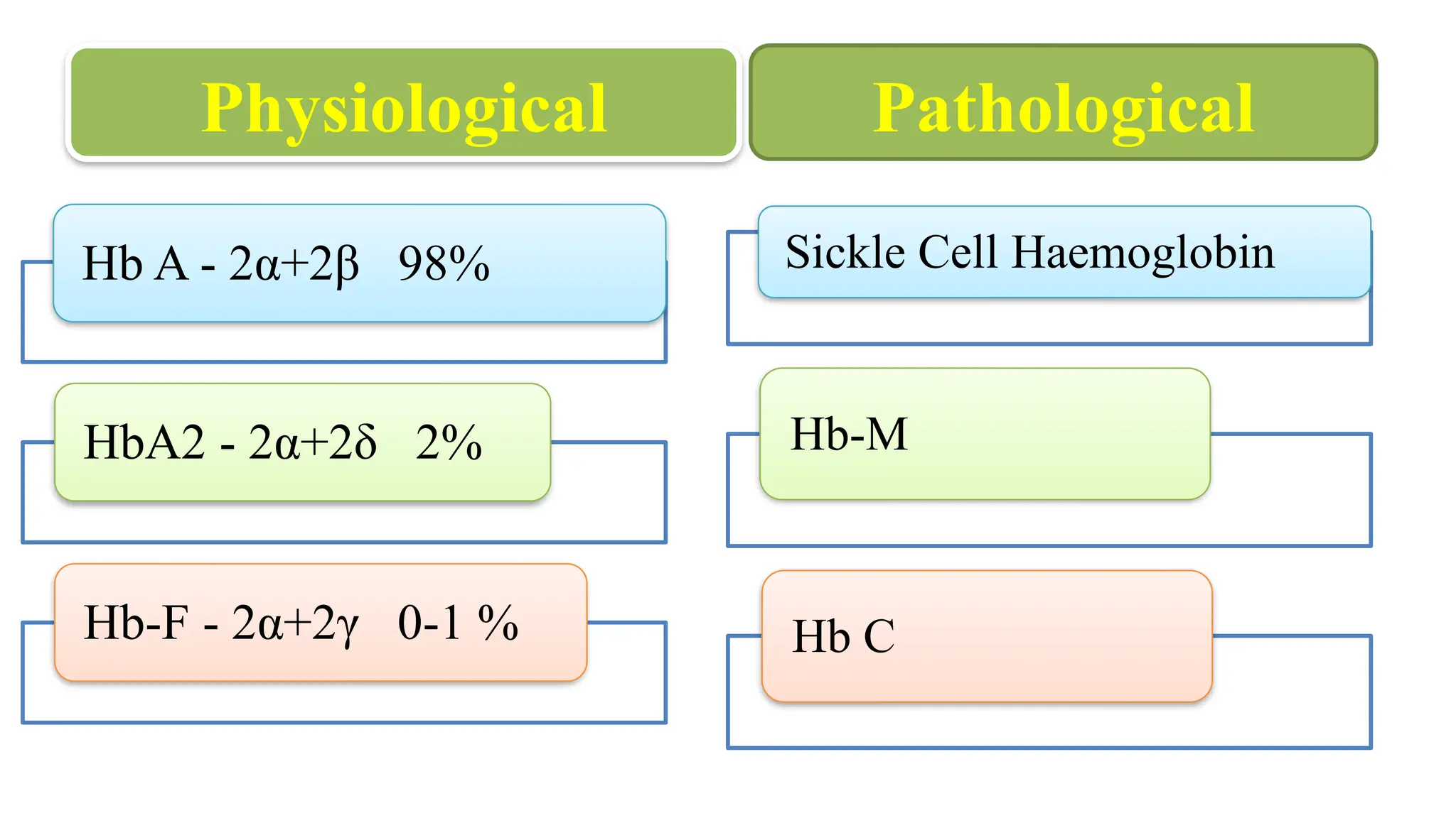 Hb A - 2α+2β 98%
HbA2 - 2α+2δ 2%
Hb-F - 2α+2γ 0-1 %
Sickle Cell Haemoglobin
Hb-M
Hb C
Physiological Pathological
 