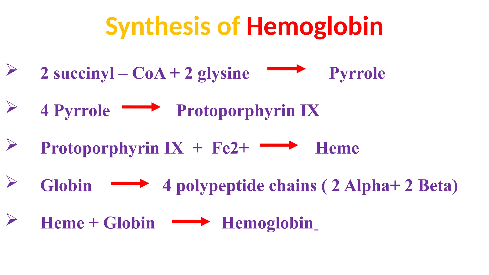 Synthesis of Hemoglobin
 2 succinyl – CoA + 2 glysine Pyrrole
 4 Pyrrole Protoporphyrin IX
 Protoporphyrin IX + Fe2+ Heme
 Globin 4 polypeptide chains ( 2 Alpha+ 2 Beta)
 Heme + Globin Hemoglobin
 