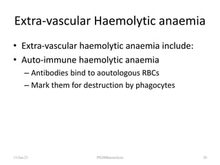 Extra-vascular Haemolytic anaemia
• Extra-vascular haemolytic anaemia include:
• Auto-immune haemolytic anaemia
– Antibodies bind to aoutologous RBCs
– Mark them for destruction by phagocytes
13-Jan-23 PH200haemolysis 20
 