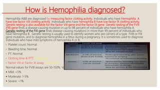 How is Hemophilia diagnosed?
Hemophilia A&B are diagnosed by measuring factor clotting activity. Individuals who have Hemophilia A
have low factor VIII clotting activity. Individuals who have hemophilia B have low factor IX clotting activity.
Genetic testing is also available for the factor VIII gene and the factor IX gene. Genetic testing of the FVIII
(F8) gene finds a disease-causing mutation in up to 98 percent of individuals who have hemophilia A.
Genetic testing of the FIX gene finds disease-causing mutations in more than 99 percent of individuals who
have hemophilia B. Genetic testing is usually used to identify women who are carriers of a type FVIII or FIX
gene mutation, and to diagnose hemophilia in a fetus during a pregnancy. It is sometimes used to diagnose
individuals who have mild symptoms of hemophilia A or B.
◦ Platelet count: Normal
◦ Bleeding time: Normal
◦ PT: Normal
◦ Clotting time & PTT: Prolonged
◦ Factor VIII or Factor IX assay: Decreased
Normal values for FVIII assays are 50-150%. Values in hemophilia are as follows:
 Mild: >5%
 Moderate: 1-5%
 Severe: <1%
 
