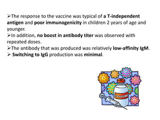 The response to the vaccine was typical of a T-independent
antigen and poor immunogenicity in children 2 years of age and
younger.
In addition, no boost in antibody titer was observed with
repeated doses.
The antibody that was produced was relatively low-affinity IgM.
 Switching to IgG production was minimal.
 