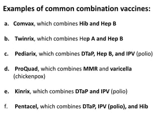 Examples of common combination vaccines:
a. Comvax, which combines Hib and Hep B
b. Twinrix, which combines Hep A and Hep B
c. Pediarix, which combines DTaP, Hep B, and IPV (polio)
d. ProQuad, which combines MMR and varicella
(chickenpox)
e. Kinrix, which combines DTaP and IPV (polio)
f. Pentacel, which combines DTaP, IPV (polio), and Hib
 