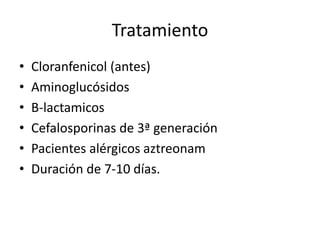 Tratamiento
• Cloranfenicol (antes)
• Aminoglucósidos
• B-lactamicos
• Cefalosporinas de 3ª generación
• Pacientes alérgicos aztreonam
• Duración de 7-10 días.
 