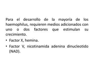 Para el desarrollo de la mayoría de los
haemophilus, requieren medios adicionados con
uno o dos factores que estimulan su
crecimiento.
• Factor X, hemina.
• Factor V, nicotinamida adenina dinucleotido
(NAD).
 