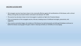 VACCINE SUCCESS RATE
• Hib conjugate vaccines have been shown to be universally effective against all manifestations of Hib disease, with a clinical
efficacy among fully vaccinated children estimated to be between 95–100%.
• The vaccine has also been shown to be immunogenic in patients at high risk of invasive disease
• Prior to introduction of the conjugate vaccine, Hib was a leading cause of childhood meningitis, pneumonia, and
epiglottitis
• Since routine vaccination began, the incidence of Hib disease has declined greatly and although Zimbabwe continues to
battle the disease causing agent the gains made in reducing mortality an morbidity are encouraging
 