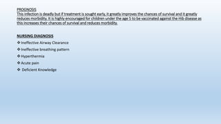 PROGNOSIS
This infection is deadly but if treatment is sought early, it greatly improves the chances of survival and it greatly
reduces morbidity. It is highly encouraged for children under the age 5 to be vaccinated against the Hib disease as
this increases their chances of survival and reduces morbidity.
NURSING DIAGNOSIS
Ineffective Airway Clearance
Ineffective breathing pattern
Hyperthermia
Acute pain
 Deficient Knowledge
 