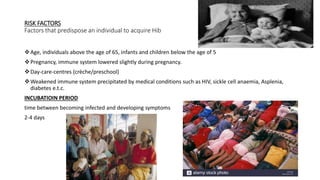 RISK FACTORS
Factors that predispose an individual to acquire Hib
Age, individuals above the age of 65, infants and children below the age of 5
Pregnancy, immune system lowered slightly during pregnancy.
Day-care-centres (crèche/preschool)
Weakened immune system precipitated by medical conditions such as HIV, sickle cell anaemia, Asplenia,
diabetes e.t.c.
INCUBATIOIN PERIOD
time between becoming infected and developing symptoms
2-4 days
 