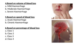 4.Based on volume of blood loss
a. Mild Haemorrhage
b. Moderate Haemorrhage
c. Severe Haemorrhage
5.Based on speed of blood loss
a. Acute Haemorrhage
b. Chronic Haemorrhage
6.Based on percentage of blood loss
a. Class 1
b. Class 2
c. Class 3
d. Class 4
 