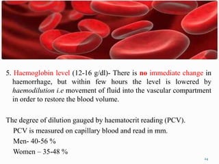 5. Haemoglobin level (12-16 g/dl)- There is no immediate change in
haemorrhage, but within few hours the level is lowered by
haemodilution i.e movement of fluid into the vascular compartment
in order to restore the blood volume.
The degree of dilution gauged by haematocrit reading (PCV).
PCV is measured on capillary blood and read in mm.
Men- 40-56 %
Women – 35-48 %
24
 