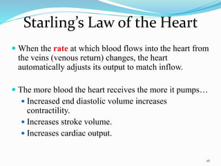 Starling’s Law of the Heart
 When the rate at which blood flows into the heart from
the veins (venous return) changes, the heart
automatically adjusts its output to match inflow.
 The more blood the heart receives the more it pumps…
 Increased end diastolic volume increases
contractility.
 Increases stroke volume.
 Increases cardiac output.
26
 