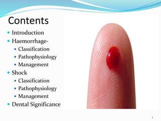 Contents
 Introduction
 Haemorrhage-
 Classification
 Pathophysiology
 Management
 Shock
 Classification
 Pathophysiology
 Management
 Dental Significance
3
 