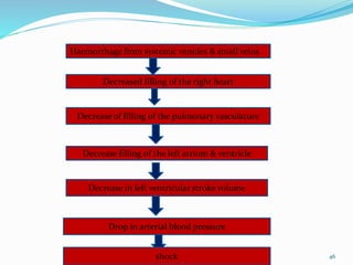 46
Haemorrhage from systemic venules & small veins
Decreased filling of the right heart
Decrease of filling of the pulmonary vasculature
Decrease filling of the left atrium & ventricle
Decrease in left ventricular stroke volume
Drop in arterial blood pressure
shock
 