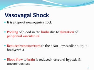 Vasovagal Shock
54
 It is a type of neurogenic shock
 Pooling of blood in the limbs due to dilatation of
peripheral vasculature
 Reduced venous return to the heart-low cardiac output-
bradycardia
 Blood flow to brain is reduced- cerebral hypoxia &
unconsiousness
 