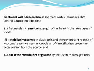 Treatment with Glucocorticoids (Adrenal Cortex Hormones That
Control Glucose Metabolism).
(1) Frequently increase the strength of the heart in the late stages of
shock;
(2) It stabilize lysosomes in tissue cells and thereby prevent release of
lysosomal enzymes into the cytoplasm of the cells, thus preventing
deterioration from this source; and
(3) Aid in the metabolism of glucose by the severely damaged cells.
81
 
