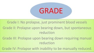 GRADE
Grade I: No prolapse, just prominent blood vessels
Grade II: Prolapse upon bearing down, but spontaneous
reduction
Grade III: Prolapse upon bearing down requiring manual
reduction
Grade IV: Prolapse with inability to be manually reduced.
 