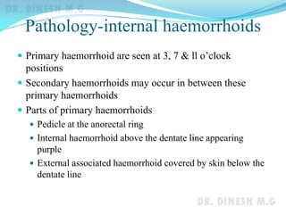 Pathology-internal haemorrhoids
 Primary haemorrhoid are seen at 3, 7 & ll o’clock
positions
 Secondary haemorrhoids may occur in between these
primary haemorrhoids
 Parts of primary haemorrhoids
 Pedicle at the anorectal ring
 Internal haemorrhoid above the dentate line appearing
purple
 External associated haemorrhoid covered by skin below the
dentate line
 