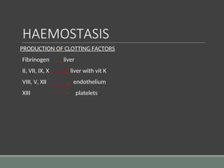 HAEMOSTASIS
PRODUCTION OF CLOTTING FACTORS
Fibrinogen liver
II, VII, IX, X liver with vit K
VIII, V, XII endothelium
XIII platelets
 