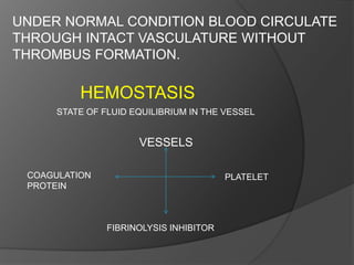 UNDER NORMAL CONDITION BLOOD CIRCULATE
THROUGH INTACT VASCULATURE WITHOUT
THROMBUS FORMATION.
HEMOSTASIS
STATE OF FLUID EQUILIBRIUM IN THE VESSEL
VESSELS
COAGULATION
PROTEIN
FIBRINOLYSIS INHIBITOR
PLATELET
 