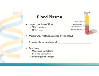 Blood Plasma
• Largest portion of blood
– 58% in women
– 55% in men
• Medium for materials carried in the blood
• Dissolve...