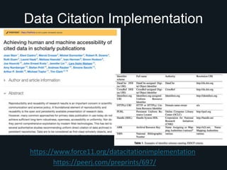 Data Citation Implementation
https://www.force11.org/datacitationimplementation
https://peerj.com/preprints/697/
 