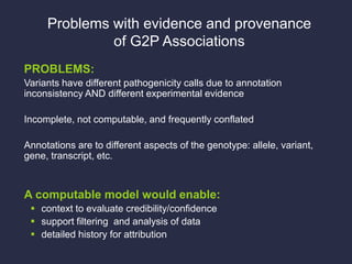 Problems with evidence and provenance
of G2P Associations
PROBLEMS:
Variants have different pathogenicity calls due to annotation
inconsistency AND different experimental evidence
Incomplete, not computable, and frequently conflated
Annotations are to different aspects of the genotype: allele, variant,
gene, transcript, etc.
A computable model would enable:
 context to evaluate credibility/confidence
 support filtering and analysis of data
 detailed history for attribution
 