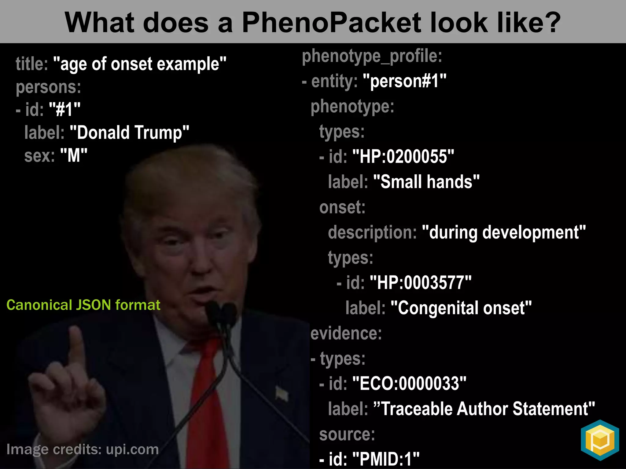 title: "age of onset example"
persons:
- id: "#1"
label: "Donald Trump"
sex: "M"
phenotype_profile:
- entity: "person#1"
phenotype:
types:
- id: "HP:0200055"
label: "Small hands"
onset:
description: "during development"
types:
- id: "HP:0003577"
label: "Congenital onset"
evidence:
- types:
- id: "ECO:0000033"
label: ”Traceable Author Statement"
source:
- id: "PMID:1"
Image credits: upi.com
What does a PhenoPacket look like?
Canonical JSON format
 