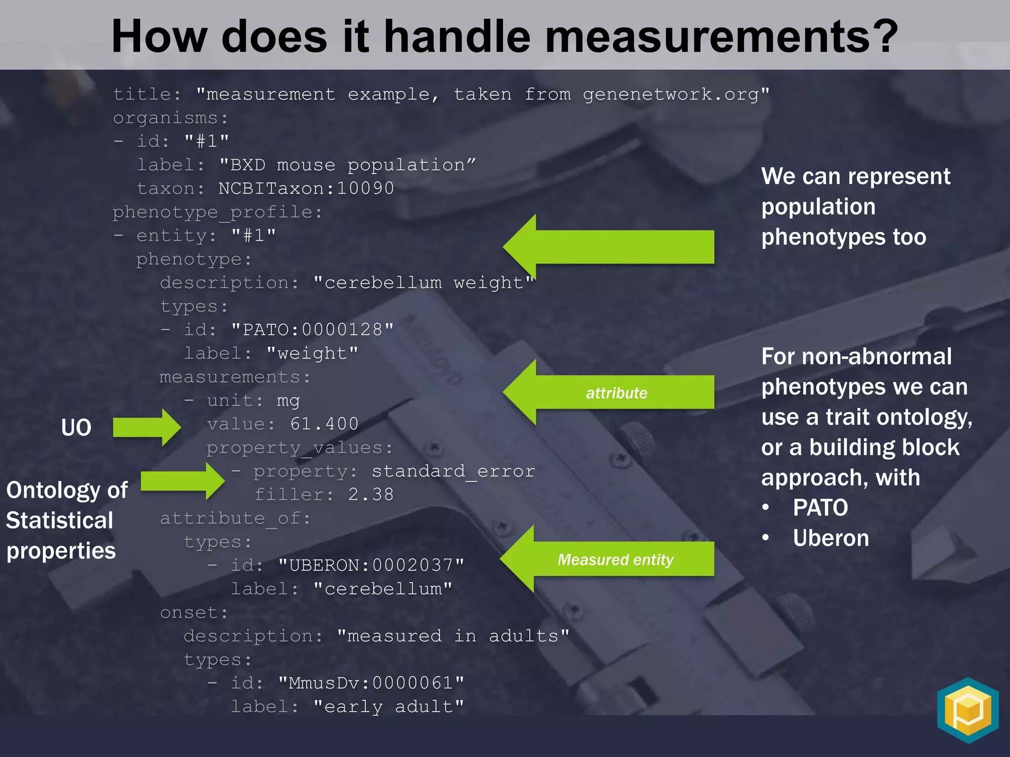 title: "measurement example, taken from genenetwork.org"
organisms:
- id: "#1"
label: "BXD mouse population”
taxon: NCBITaxon:10090
phenotype_profile:
- entity: "#1"
phenotype:
description: "cerebellum weight"
types:
- id: "PATO:0000128"
label: "weight"
measurements:
- unit: mg
value: 61.400
property_values:
- property: standard_error
filler: 2.38
attribute_of:
types:
- id: "UBERON:0002037"
label: "cerebellum"
onset:
description: "measured in adults"
types:
- id: "MmusDv:0000061"
label: "early adult"
Ontology of
Statistical
properties
We can represent
population
phenotypes too
attribute
For non-abnormal
phenotypes we can
use a trait ontology,
or a building block
approach, with
• PATO
• Uberon
Measured entity
UO
How does it handle measurements?
 