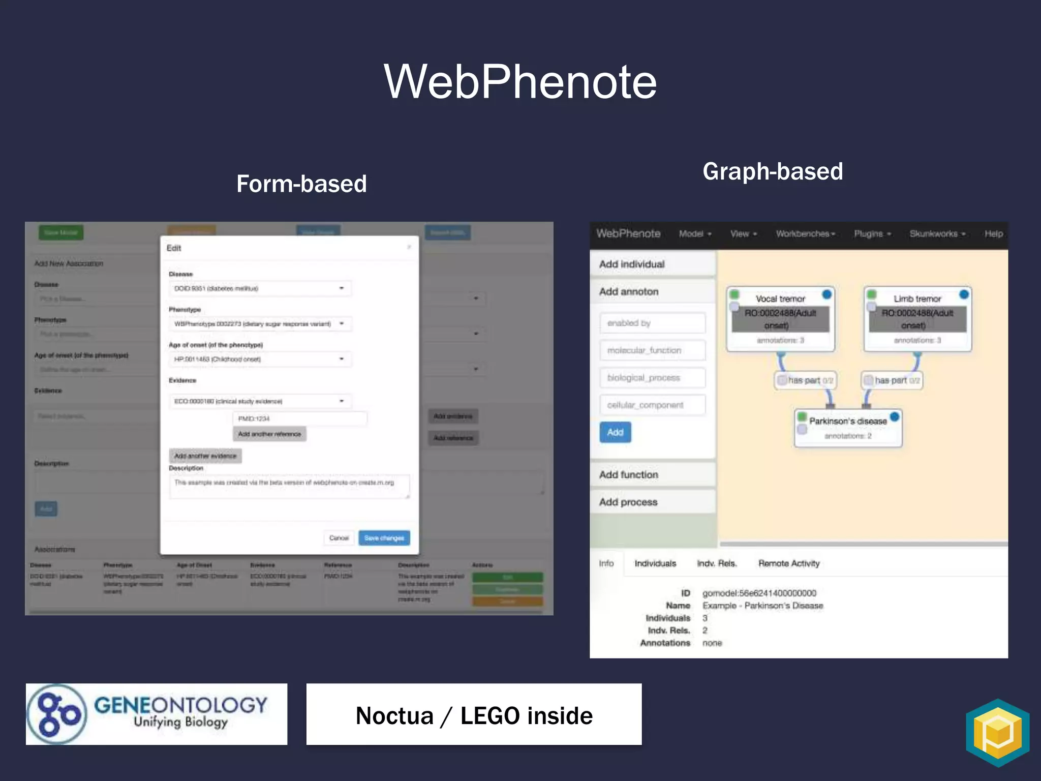 WebPhenote
Form-based Graph-based
Noctua / LEGO inside
 
