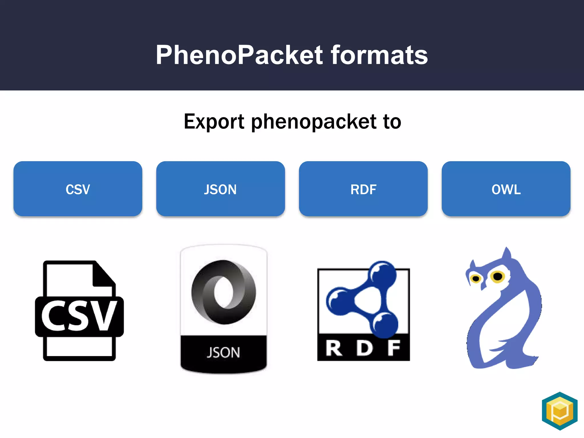 PhenoPacket formats
CSV JSON RDF OWL
Export phenopacket to
 