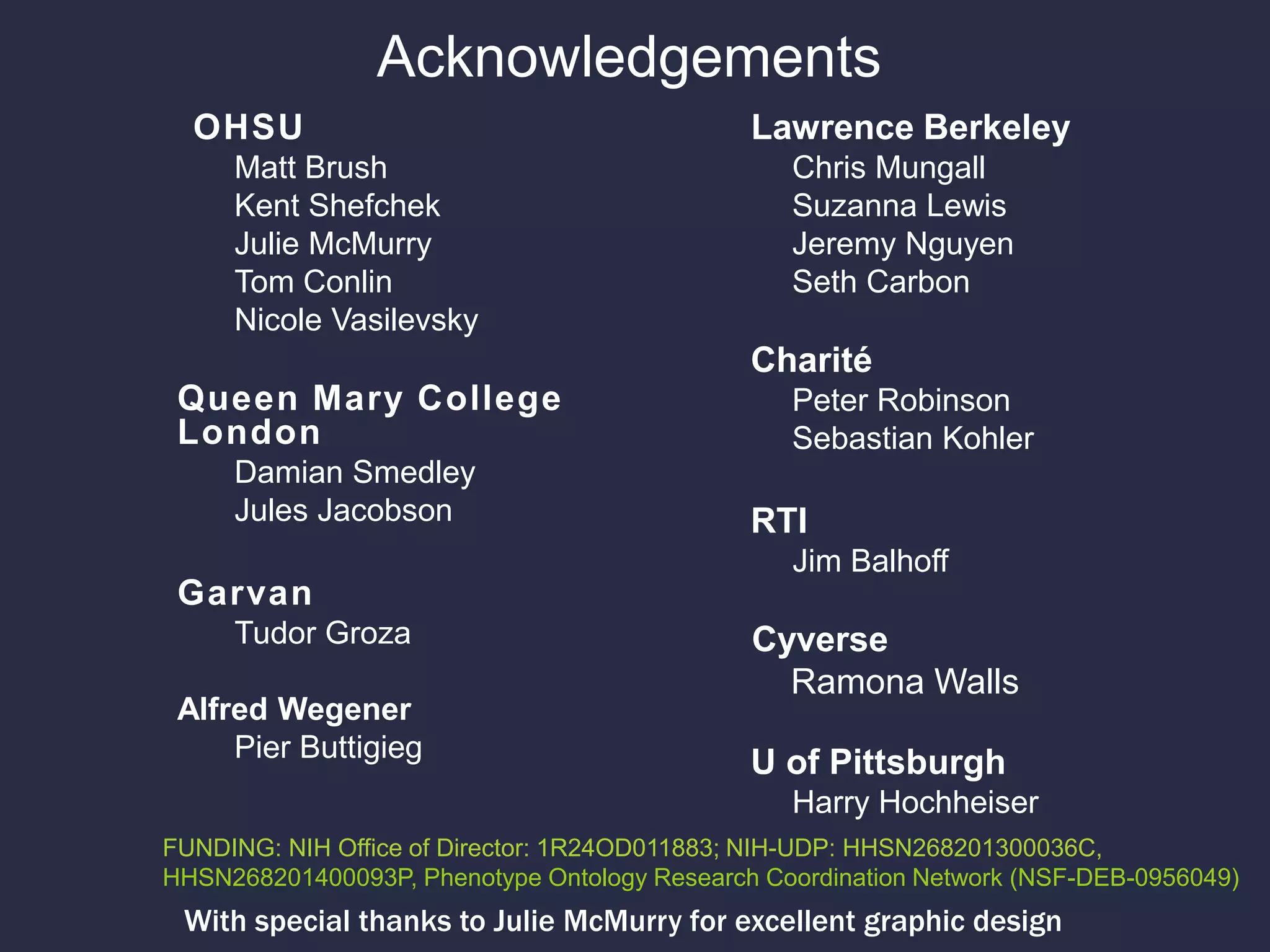 Acknowledgements
Lawrence Berkeley
Chris Mungall
Suzanna Lewis
Jeremy Nguyen
Seth Carbon
Charité
Peter Robinson
Sebastian Kohler
RTI
Jim Balhoff
Cyverse
Ramona Walls
U of Pittsburgh
Harry Hochheiser
OHSU
Matt Brush
Kent Shefchek
Julie McMurry
Tom Conlin
Nicole Vasilevsky
Queen Mary College
London
Damian Smedley
Jules Jacobson
Garvan
Tudor Groza
Alfred Wegener
Pier Buttigieg
FUNDING: NIH Office of Director: 1R24OD011883; NIH-UDP: HHSN268201300036C,
HHSN268201400093P, Phenotype Ontology Research Coordination Network (NSF-DEB-0956049)
With special thanks to Julie McMurry for excellent graphic design
 