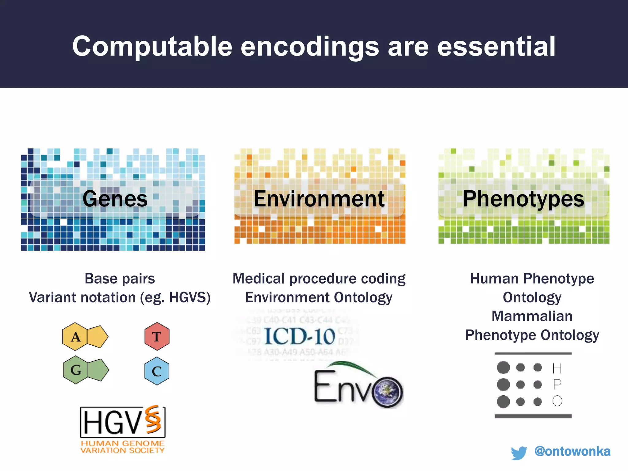 Genes Environment Phenotypes+ =
Computable encodings are essential
Base pairs
Variant notation (eg. HGVS)
Human Phenotype
Ontology
Mammalian
Phenotype Ontology
Medical procedure coding
Environment Ontology
@ontowonka
 