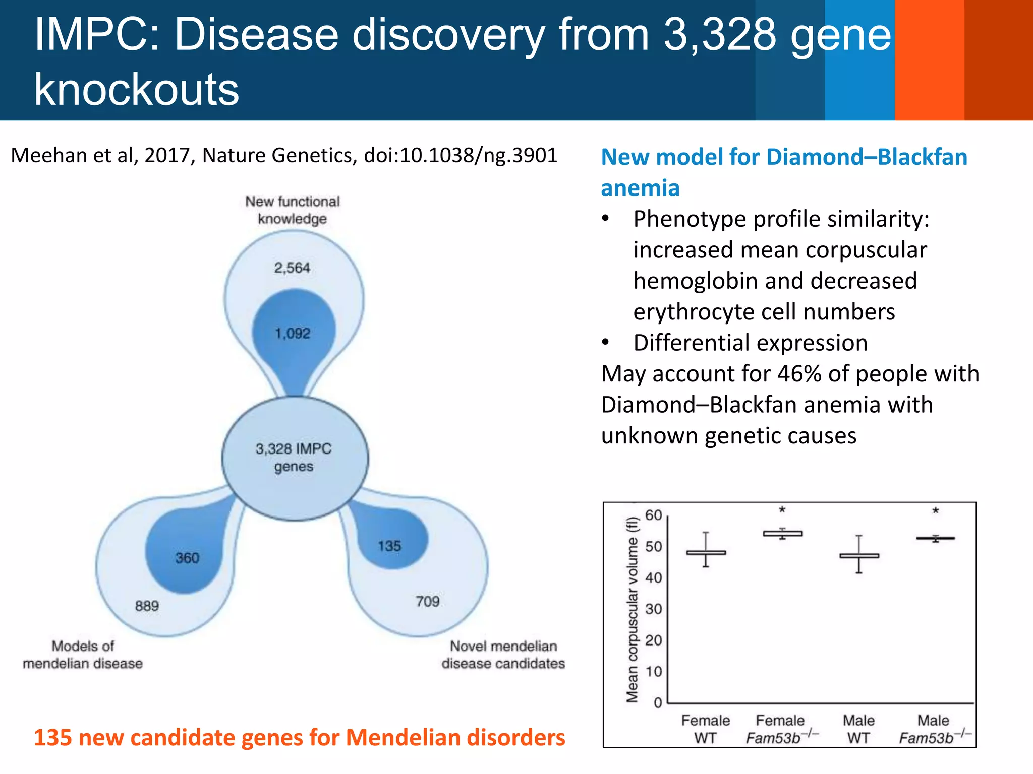 IMPC: Disease discovery from 3,328 gene
knockouts
Meehan et al, 2017, Nature Genetics, doi:10.1038/ng.3901
135 new candidate genes for Mendelian disorders
New model for Diamond–Blackfan
anemia
• Phenotype profile similarity:
increased mean corpuscular
hemoglobin and decreased
erythrocyte cell numbers
• Differential expression
May account for 46% of people with
Diamond–Blackfan anemia with
unknown genetic causes
 