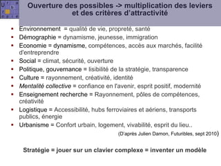 Ouverture des possibles -> multiplication des leviers et des critères d’attractivité Environnement  =  qualité de vie, propreté, santé Démographie =  dynamisme, jeunesse, immigration Economie = dynamisme,  compétences, accès aux marchés, facilité d'entreprendre Social =  climat, sécurité, ouverture Politique, gouvernance =  lisibilité de la stratégie, transparence Culture =  rayonnement, créativité, identité Mentalité collective  =  confiance en l'avenir, esprit positif, modernité Enseignement recherche =  Rayonnement, pôles de compétences, créativité Logistique =  Accessibilité, hubs ferroviaires et aériens, transports publics, énergie Urbanisme =  Confort urbain, logement, vivabilité, esprit du lieu.. (D’après Julien Damon, Futuribles, sept 2010 ) Stratégie = jouer sur un clavier complexe = inventer un modèle 