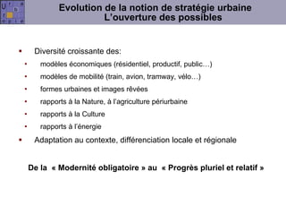 Evolution de la notion de stratégie urbaine L’ouverture des possibles Diversité croissante des: modèles économiques (résidentiel, productif, public…) modèles de mobilité (train, avion, tramway, vélo…) formes urbaines et images rêvées rapports à la Nature, à l’agriculture périurbaine rapports à la Culture rapports à l’énergie Adaptation au contexte, différenciation locale et régionale De la  « Modernité obligatoire » au  « Progrès pluriel et relatif » 