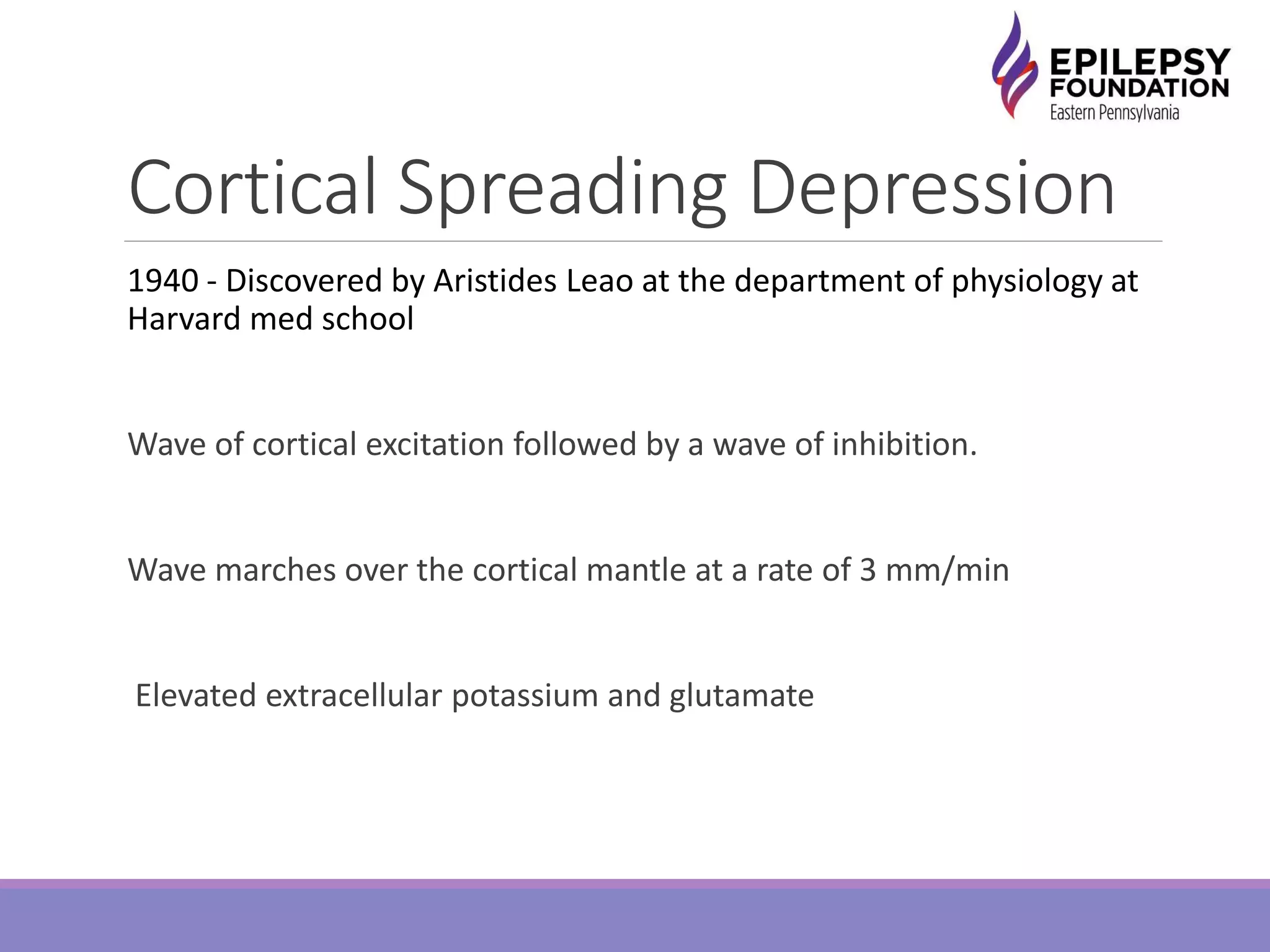 Cortical Spreading Depression
1940 - Discovered by Aristides Leao at the department of physiology at
Harvard med school
Wave of cortical excitation followed by a wave of inhibition.
Wave marches over the cortical mantle at a rate of 3 mm/min
Elevated extracellular potassium and glutamate
 