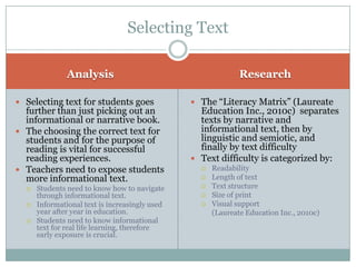 Analysis Research
 Selecting text for students goes
further than just picking out an
informational or narrative book.
 The choosing the correct text for
students and for the purpose of
reading is vital for successful
reading experiences.
 Teachers need to expose students
more informational text.
 Students need to know how to navigate
through informational text.
 Informational text is increasingly used
year after year in education.
 Students need to know informational
text for real life learning, therefore
early exposure is crucial.
 The ―Literacy Matrix‖ (Laureate
Education Inc., 2010c) separates
texts by narrative and
informational text, then by
linguistic and semiotic, and
finally by text difficulty
 Text difficulty is categorized by:
 Readability
 Length of text
 Text structure
 Size of print
 Visual support
(Laureate Education Inc., 2010c)
Selecting Text
 