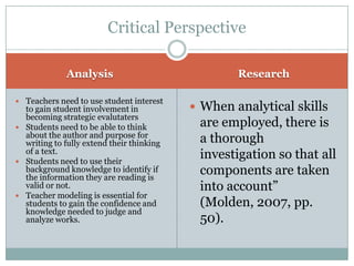 Analysis Research
 Teachers need to use student interest
to gain student involvement in
becoming strategic evalutaters
 Students need to be able to think
about the author and purpose for
writing to fully extend their thinking
of a text.
 Students need to use their
background knowledge to identify if
the information they are reading is
valid or not.
 Teacher modeling is essential for
students to gain the confidence and
knowledge needed to judge and
analyze works.
 When analytical skills
are employed, there is
a thorough
investigation so that all
components are taken
into account‖
(Molden, 2007, pp.
50).
Critical Perspective
 