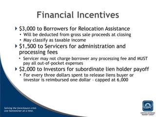 $3,000 to Borrowers for Relocation Assistance Will be deducted from gross sale proceeds at closing May classify as taxable income $1,500 to Servicers for administration and processing fees Servicer may not charge borrower any processing fee  and  MUST   pay all out-of-pocket expenses $2,000 to Investors for subordinate lien holder payoff For every three dollars spent to release liens buyer or investor is reimbursed one dollar – capped at 6,000 