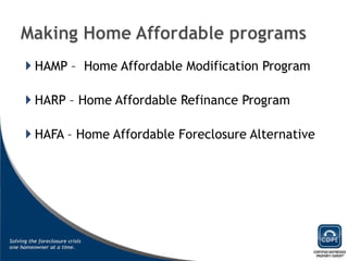 HAMP –  Home Affordable Modification Program HARP – Home Affordable Refinance Program HAFA – Home Affordable Foreclosure Alternative 