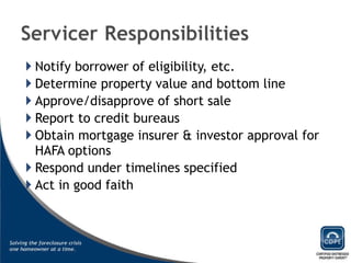 Notify borrower of eligibility, etc. Determine property value and bottom line Approve/disapprove of short sale Report to credit bureaus Obtain mortgage insurer & investor approval for HAFA options Respond under timelines specified Act in good faith 
