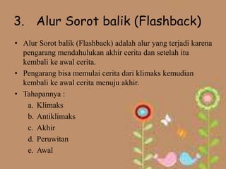 3. Alur Sorot balik (Flashback)
• Alur Sorot balik (Flashback) adalah alur yang terjadi karena
  pengarang mendahulukan akhir cerita dan setelah itu
  kembali ke awal cerita.
• Pengarang bisa memulai cerita dari klimaks kemudian
  kembali ke awal cerita menuju akhir.
• Tahapannya :
   a. Klimaks
   b. Antiklimaks
   c. Akhir
   d. Peruwitan
   e. Awal
 