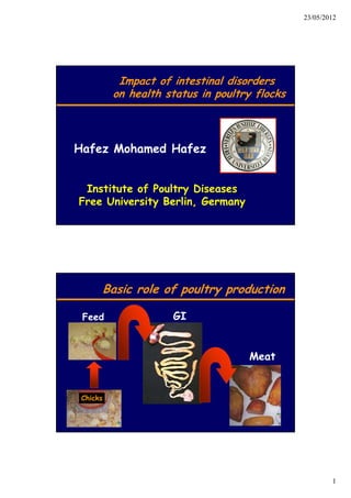 23/05/2012
1
Institute of Poultry Diseases
Free University Berlin, Germany
Impact of intestinal disorders
on health status in poultry flocks
Hafez Mohamed Hafez
Feed
Meat
GI
Basic role of poultry production
Chicks
 