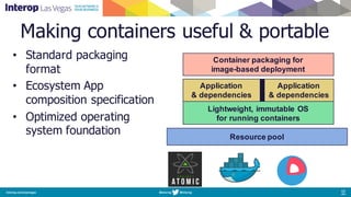 Making containers useful & portable
• Standard packaging
format
• Ecosystem App
composition specification
• Optimized operating
system foundation
Lightweight, immutable OS
for running containers
Application
& dependencies
Application
& dependencies
Resource pool
Container packaging for
image-based deployment
 