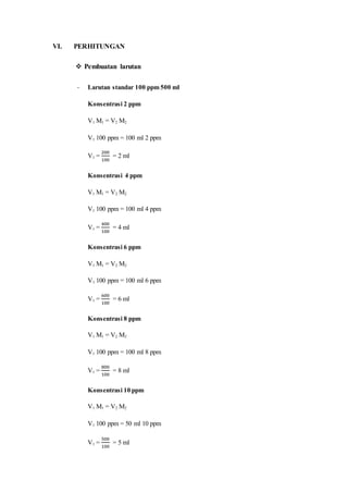 VI. PERHITUNGAN
 Pembuatan larutan
- Larutan standar 100 ppm 500 ml
Konsentrasi 2 ppm
V1 M1 = V2 M2
V1 100 ppm = 100 ml 2 ppm
V1 =
200
100
= 2 ml
Konsentrasi 4 ppm
V1 M1 = V2 M2
V1 100 ppm = 100 ml 4 ppm
V1 =
400
100
= 4 ml
Konsentrasi 6 ppm
V1 M1 = V2 M2
V1 100 ppm = 100 ml 6 ppm
V1 =
600
100
= 6 ml
Konsentrasi 8 ppm
V1 M1 = V2 M2
V1 100 ppm = 100 ml 8 ppm
V1 =
800
100
= 8 ml
Konsentrasi 10 ppm
V1 M1 = V2 M2
V1 100 ppm = 50 ml 10 ppm
V1 =
500
100
= 5 ml
 
