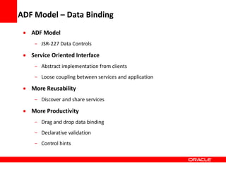 Copyright © 2006 Oracle Corporation
ADF Model – Data Binding
 ADF Model
- JSR-227 Data Controls
 Service Oriented Interface
- Abstract implementation from clients
- Loose coupling between services and application
 More Reusability
- Discover and share services
 More Productivity
- Drag and drop data binding
- Declarative validation
- Control hints
 