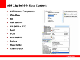 Copyright © 2006 Oracle Corporation
ADF 11g Build-in Data Controls
• ADF Business Components
• JAVA Class
• EJB
• Web Services
• URL (XML or CSV)
• BAM
• UCM
• BPM TaskList
• Essbase
• Place Holder
• Add your own
 