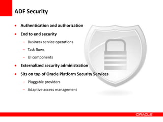 Copyright © 2006 Oracle Corporation
 Authentication and authorization
 End to end security
- Business service operations
- Task flows
- UI components
 Externalized security administration
 Sits on top of Oracle Platform Security Services
- Pluggable providers
- Adaptive access management
ADF Security
 