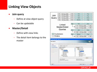 Copyright © 2006 Oracle Corporation
Linking View Objects
 Join query
- Define at view object query
- Can be updatable
 Master/Detail
- Define with view links
- The detail item belongs to the
master
 