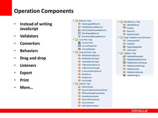 Copyright © 2006 Oracle Corporation
Operation Components
• Instead of writing
JavaScript
• Validators
• Convertors
• Behaviors
• Drag and drop
• Listeners
• Export
• Print
• More…
 